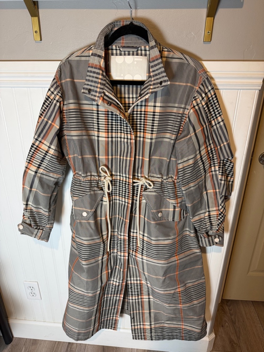 Plaid Drawstring Trench Coat in Gray, Cream & Orange by